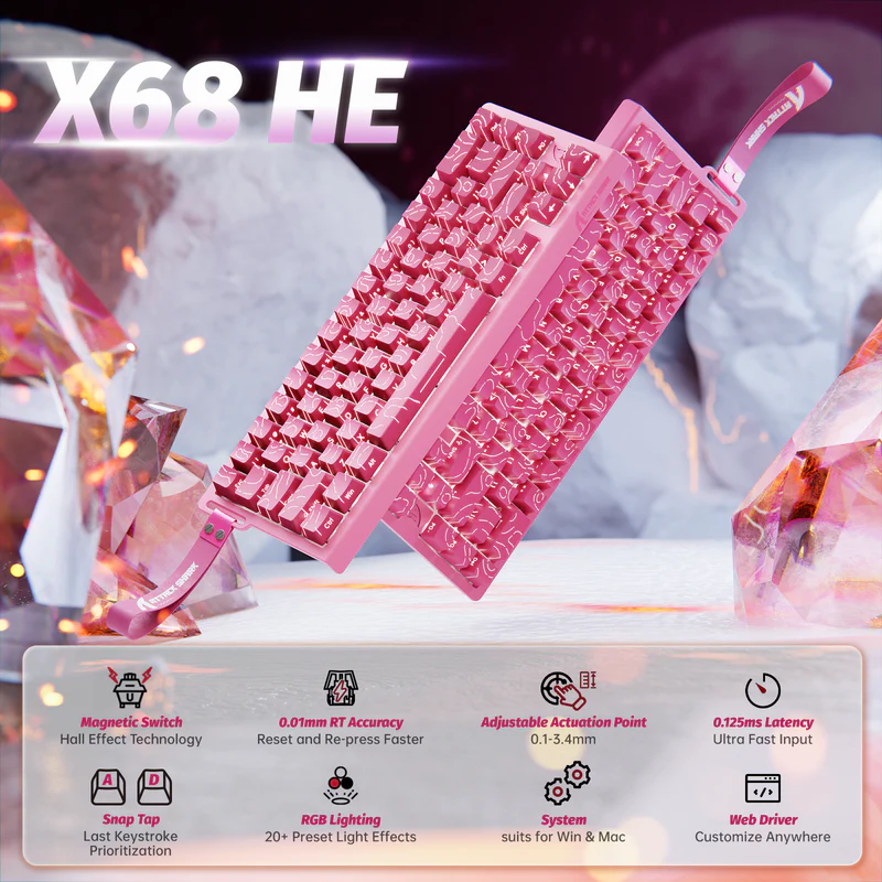 CLAVIER MAGNETIC GAMING ATTACK SHARK X68 HE RAPID TRIGGER MAG SWITCH 8Khz ARGB PINK CONTOURS